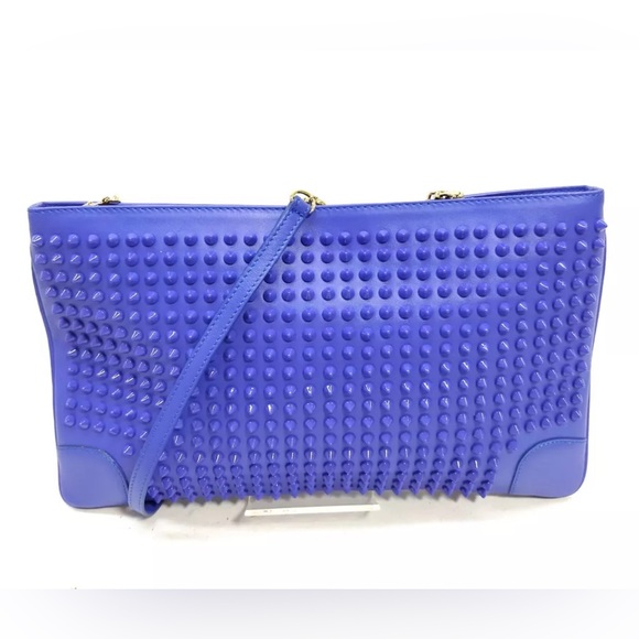 Auth Christian Louboutin Blue Spiked Studded Calfskin Loubiposh Clutch - Picture 2 of 10